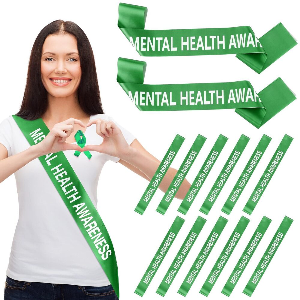 1179 12 Pieces Mental Health Awareness Month Satin Sashes Bulk Green Satin